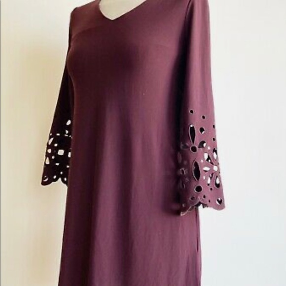 Alfani Dress Like New Beautiful Burgundy Wine Laser Cut Bell Sleeve Detail GORG! - Picture 2 of 13